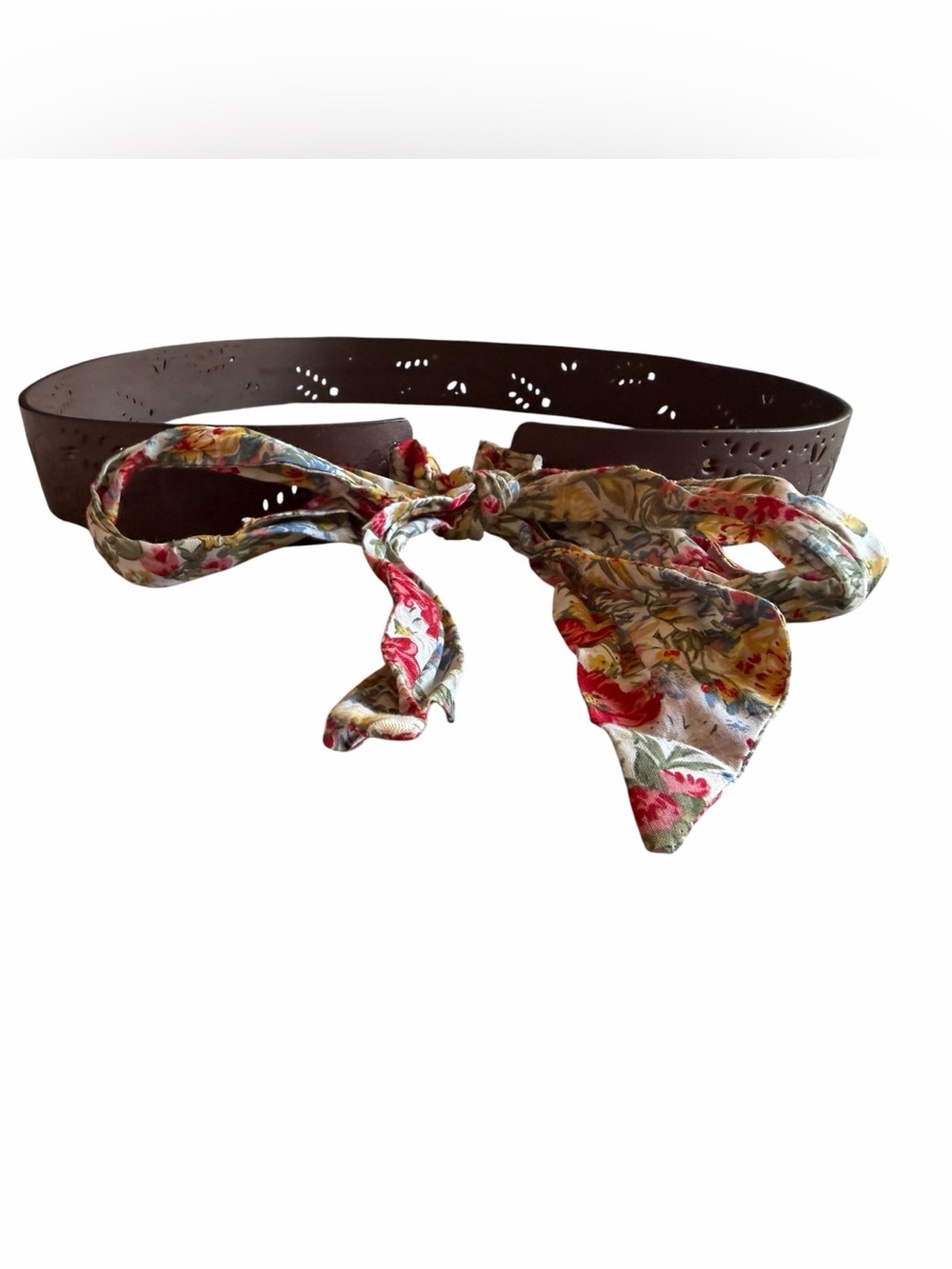 Brown Leather Floral Laser Cut Wrap Belt with Cotton Fabric Ties Wide Waist